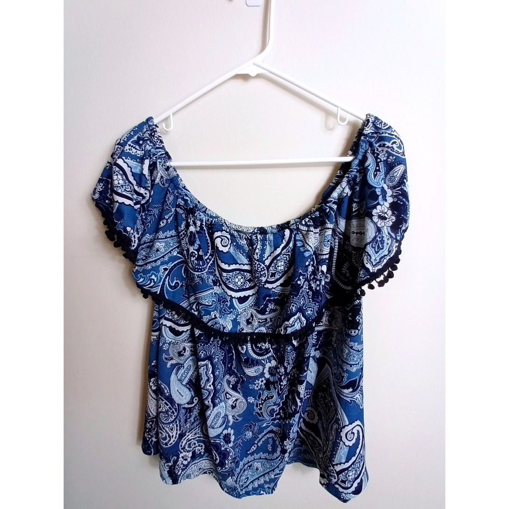 ECI Paisley Off Shoulder Top Women XL Blue Excellent Pom Pom Ruffle Boho